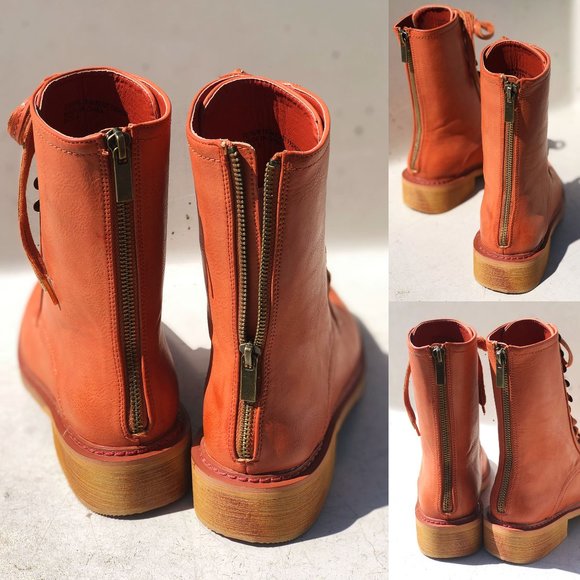 NEW Cognac Orange Laced Up Zipper Back Wooden Heel Mid Calf Ankle Combat… - Picture 9 of 13